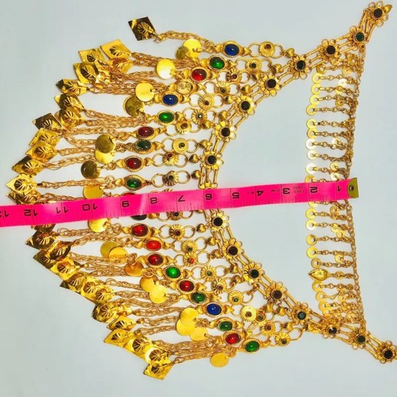 Golden Tone Choker Necklace With Long Dangling Tassels, Afghan Jewelry, Nomadic - Picture 8 of 13